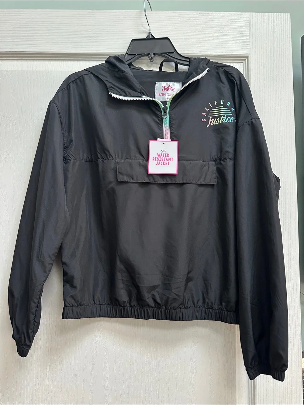 Justice Black Jacket with Pink Logo and Light Green Zipper Trim